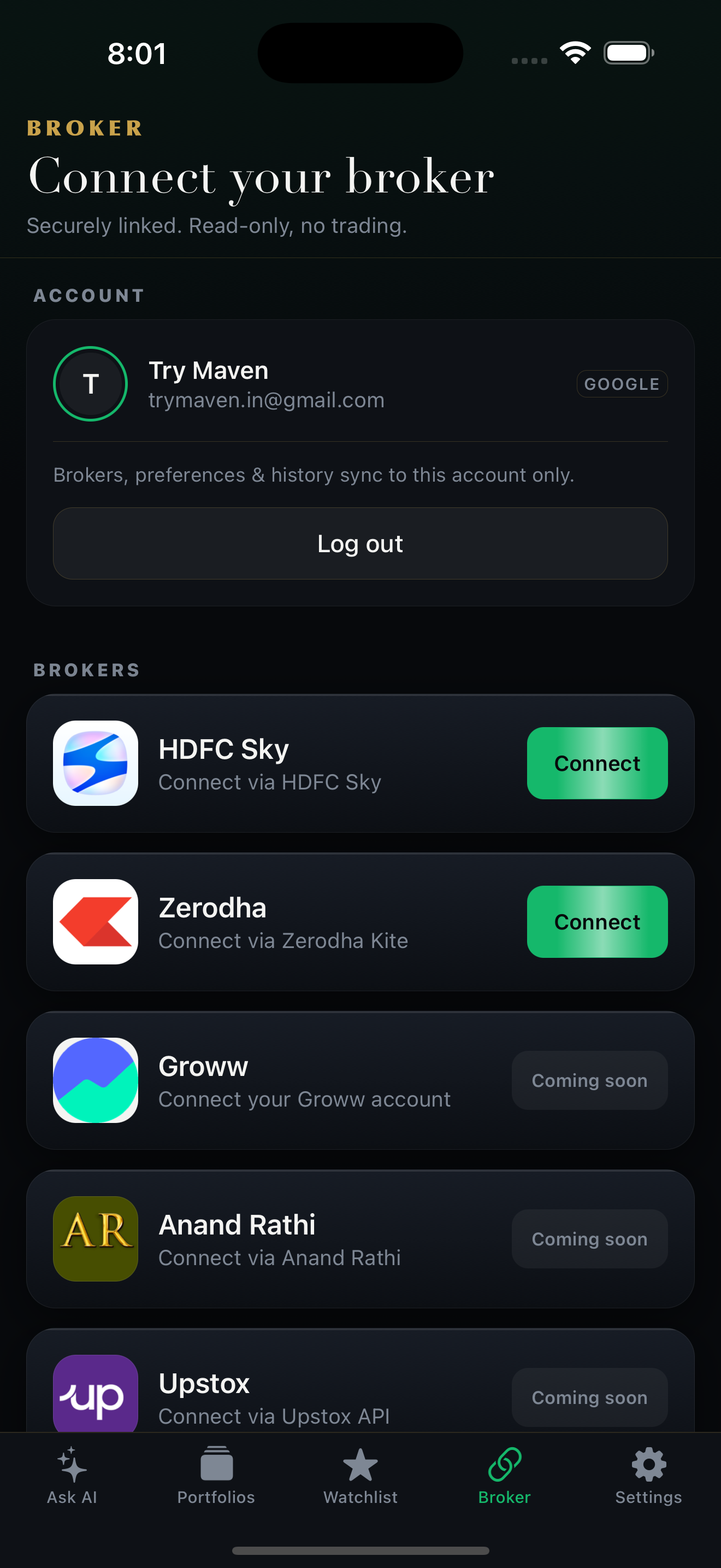 The Maven app's Broker screen — connect HDFC Sky or Zerodha read-only